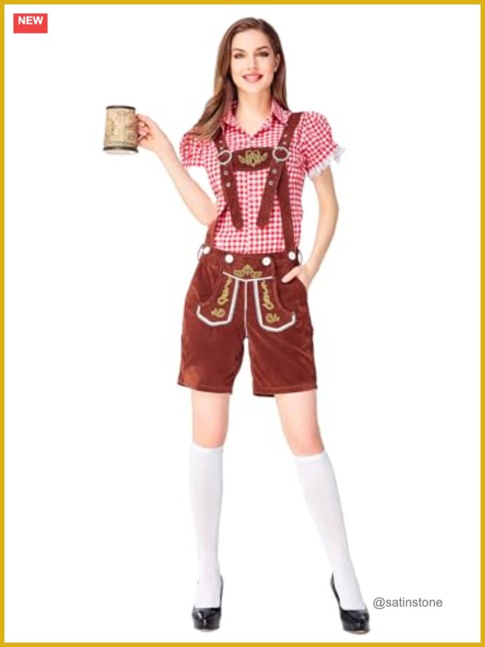 Oktoberfest Costume Lederhosen Suspenders Shorts Plaid Blouse Set
